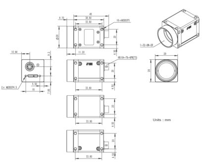 Mechanical drawing and dimensions of USB3.0 imaging camera 24MP Color with Sony IMX540 sensor, model ME2S-2440-16U3C