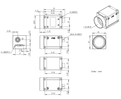 Mechanical drawing and dimensions of USB3 Industrial camera 24MP Monochrome with Sony IMX540 sensor, model ME2S-2440-16U3M
