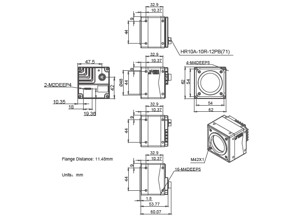 Mechanical drawing and dimensions of 32MP USB3 Imaging Camera Color with ONSEMI XGS32000 sensor, model MARS-3250-12U3C M42-moun