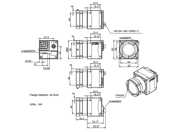 Mechanical drawing and dimensions of 32MP USB3 Imaging Camera Monochrome with ONSEMI XGS32000 sensor, model MARS-3250-12U3M F-m