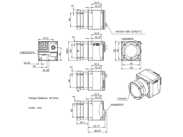 Mechanical drawing and dimensions of 45MP USB3 Imaging Camera Color with ONSEMI XGS45000 sensor, model MARS-4470-8U3C F-mount