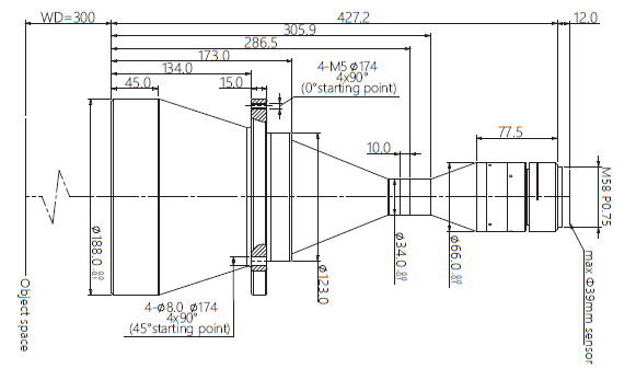 LM58-TELECENTRIC-0.260X-WD300-39-NI, Telecentric M58-mount Lens, magnification 0.260X, sensorsize 39mm