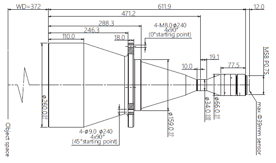 LM58-TELECENTRIC-0.181X-WD372-39-NI, Telecentric M58 Lens, magnification 0.181X, sensorsize 39mm